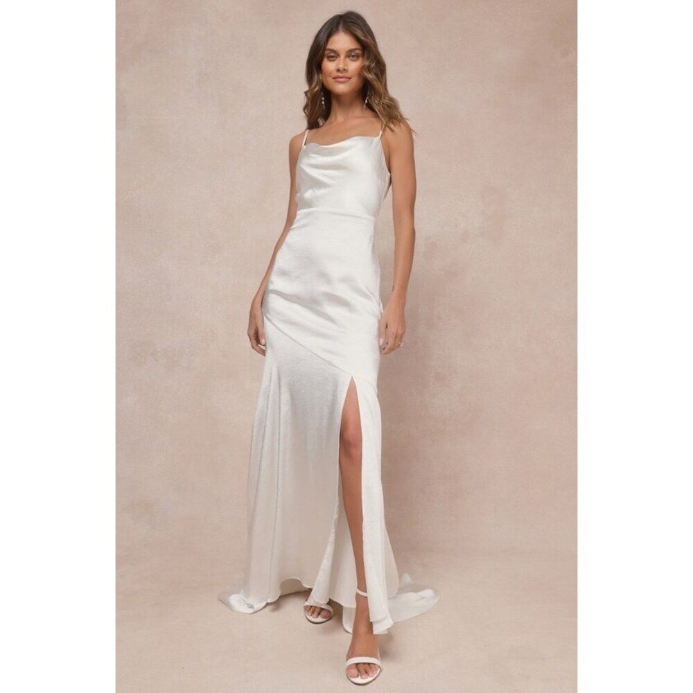 Lulus Passionate Allure Ivory Satin Backless Cowl Neck Maxi Dress White - Size S